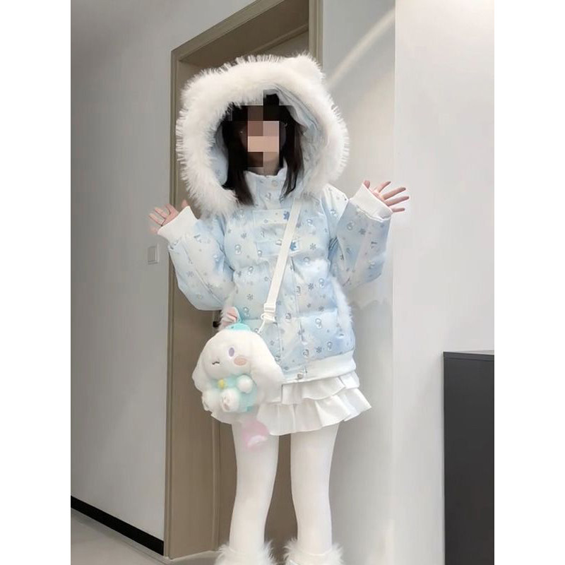 甜美宅萌风满印雪人耳朵毛领连帽蓝色棉服女学生宽松加厚保暖棉衣