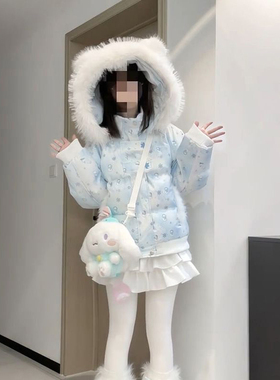 甜美宅萌风满印雪人耳朵毛领连帽蓝色棉服女学生宽松加厚保暖棉衣