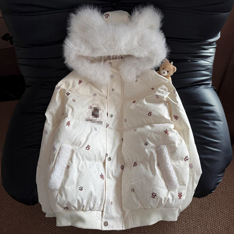 杏色连帽毛毛领棉服外套