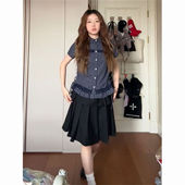 衬衫 子花边抽绳短袖 黑色百褶半身裙两件套穿搭 气质学院风格 韩式