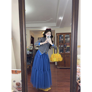 搭配蓬蓬长裙两件套装 针织开衫 温柔风氛围感穿搭圆领撞色修身 法式