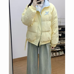 新款 宽松面包服保暖棉衣外套 2025甜美风蝴蝶结撞色立领棉服女冬季