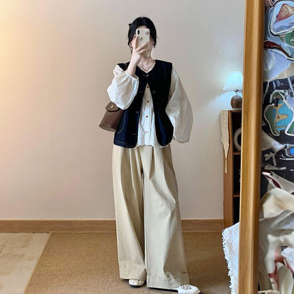 三件/套装女韩系复古牛仔马甲背心+刺绣衬衫+宽松休闲高腰阔腿裤