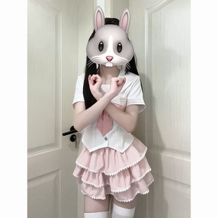 甜美少女JK制服学院风海军领上衣搭配粉色蛋糕短裙两件套穿搭 夏季