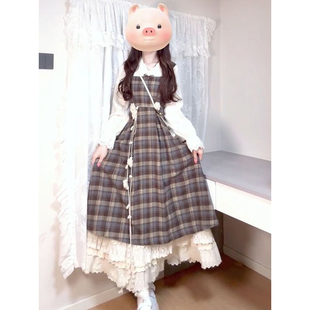 法式 温柔甜妹风假两件v领格纹拼接连衣裙减龄收腰显瘦淑女a字长裙