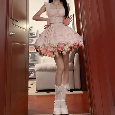 小飞袖花边拼接碎花连衣裙