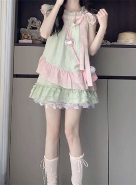 夏季装清纯可爱绿色撞粉蝴蝶结上衣+木耳边绿色拼接半身裙两件套
