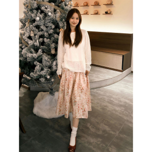 碎花半身裙三件套装 2026早春温柔气质淑女镂空针织罩衫 吊带内搭