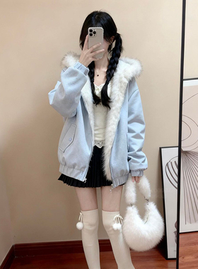 韩系温柔可爱蓝色猫耳朵毛领连帽双面可穿棉服女学生宽松保暖棉衣