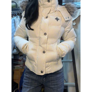 冬天气质保暖百搭米白色连帽毛领棉服外套女学生时髦短款立领棉衣
