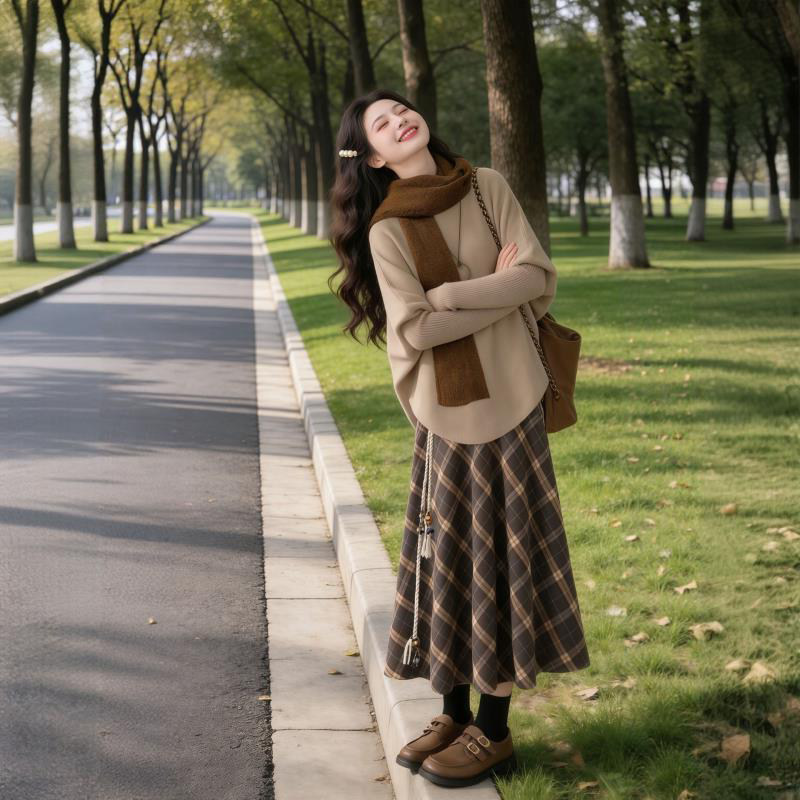 一整套温柔慵懒风卡其色宽松斗篷毛衣+格纹半身长裙+保暖围巾穿搭,女装/女士精品,时尚套装,淘宝优惠券,粉丝福利购,淘宝优惠卷
