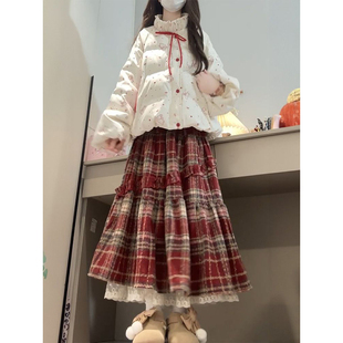 法式 温柔甜美学院风百搭米白色印花棉服搭配高腰半身长裙两件套装