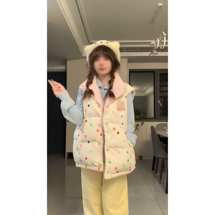 冬日甜美少女感彩虹色波点马甲棉服搭配蓝色针织毛衣开衫 两件套装