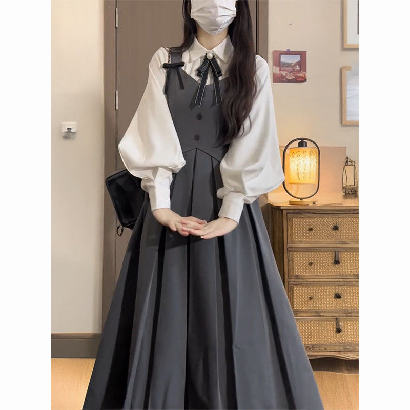 早秋季气质英伦学院风假两件连衣裙+长袖白衬衫送领结女两件套装