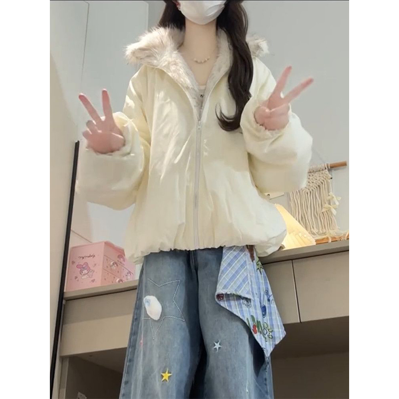 米白毛毛立领棉服外套