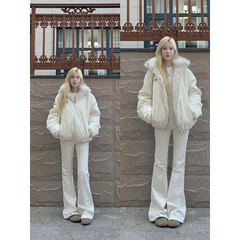 米白毛毛高领棉服外套