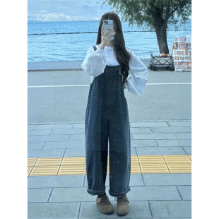 甜美学院风牛仔宽松背带长裤 两件套装 搭配灯笼袖 衬衫 长袖 2026新款