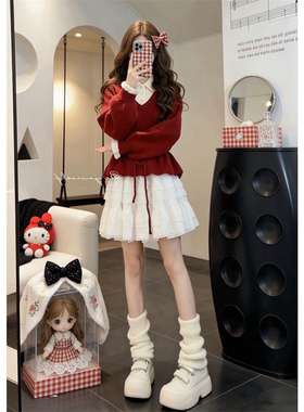 法式温柔学院风红色假两件polo领针织毛衣衫+白色半身裙两件套装