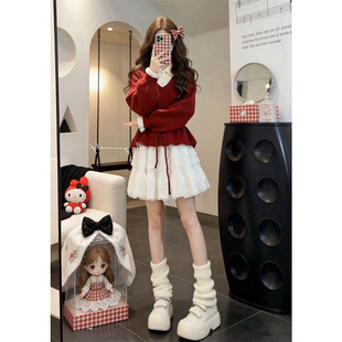 法式温柔学院风红色假两件polo领针织毛衣衫+白色半身裙两件套装