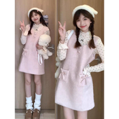 打底上衣两件套装 法式 气质温柔感粉色背心马甲连衣裙搭配波点长袖