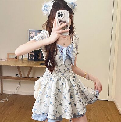 蝴蝶结短袖连衣裙拼接公主短裙