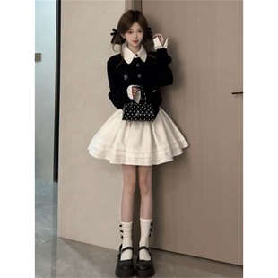 白色高腰半身裙两件套装 法式 温柔淑女小香风假两件黑色针织开衫