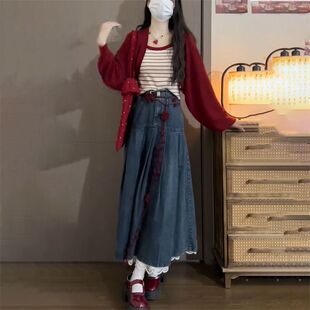 牛仔半身裙 条纹吊带背心 一整套法式 温柔学院风红色针织防晒开衫