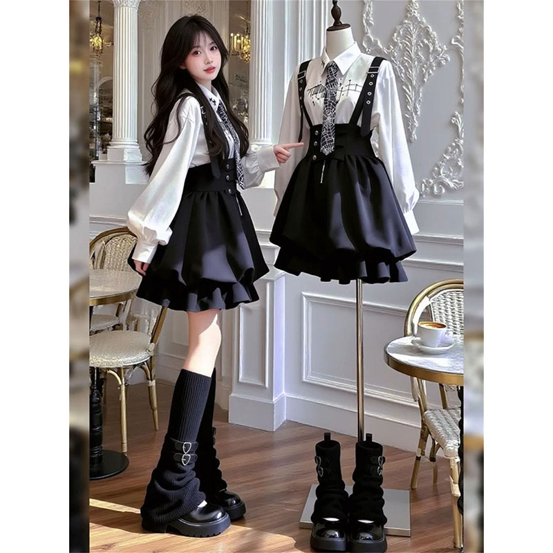 韩版时尚甜美学院风白色印花衬衫+黑色背带花苞裙送领带两件套装,女装/女士精品,时尚套装,淘宝优惠券,粉丝福利购,淘宝优惠卷