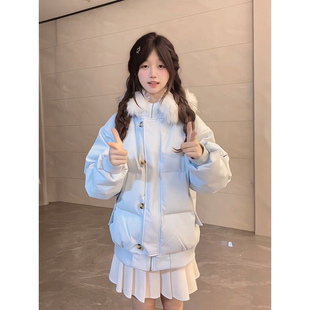 法式 温柔甜妹可爱百搭风蓝色连帽毛领棉服女学生宽松保暖棉衣外套