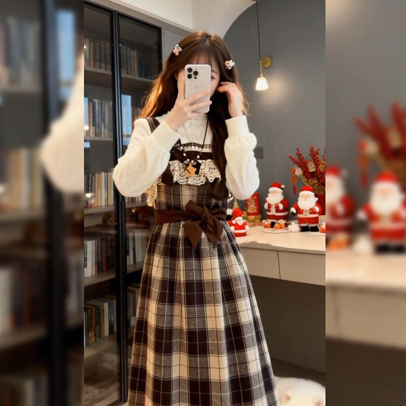 韩式温柔休闲气质感格纹吊带连衣裙+杏色针织打底上衣衫两件套装,女装/女士精品,时尚套装,淘宝优惠券,粉丝福利购,淘宝优惠卷