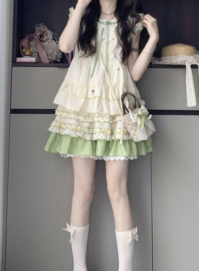 夏日休闲多巴胺小飞袖印花撞色上衣+花边蛋糕半身短裙两件套穿搭