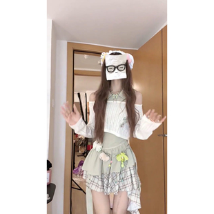 两件套装 新款 防晒罩衫 长袖 温柔小清新校园风绿色拼接格纹连衣裙