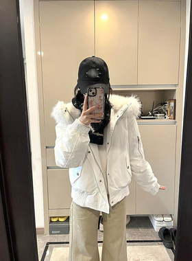 冬季新款甜酷白色连帽毛领设计棉服外套慵懒加厚保暖休闲百搭棉衣