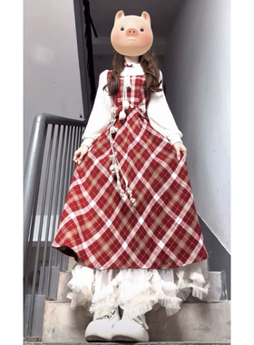 法式气质温柔风假两件减龄红色格纹连衣裙秋冬款收腰显瘦a字长裙