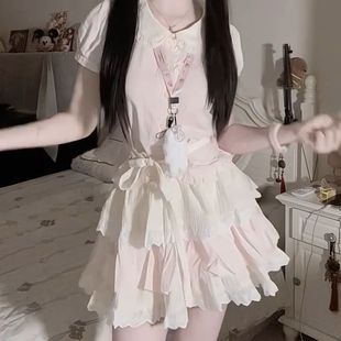 甜美学院风娃娃领粉色上衣搭配蕾丝花边蛋糕半身短裙两件套装 夏季