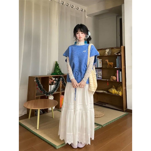 白色长裙三件套装 法式 碎花打底 修身 温柔甜美风蓝色抽绳针织上衣