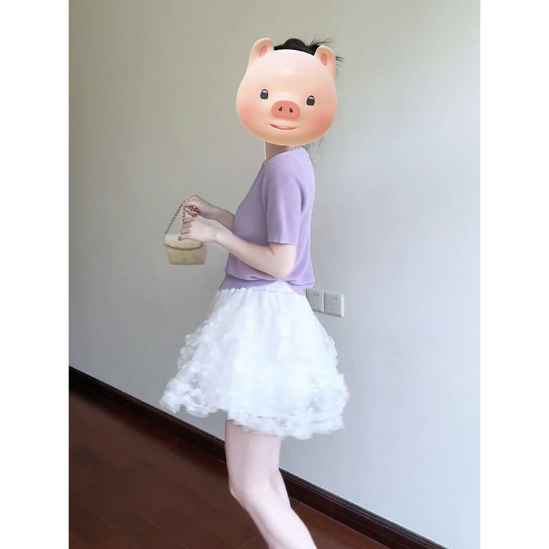 夏季新款甜美温柔风紫色v领针织开衫+蓬蓬蛋糕半身短裙女两件套装