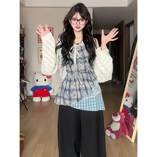 三件套装 法式 格纹阔腿长裤 镂空罩衫 温柔慵懒风不规则格纹吊带裙