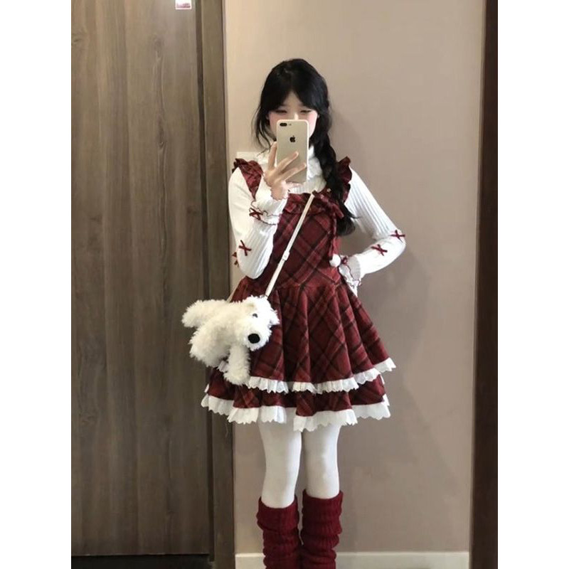 法式萌系精致高级红格纹花边背带公主短裙搭配长袖打底衫两件套装,女装/女士精品,时尚套装,淘宝优惠券,粉丝福利购,淘宝优惠卷