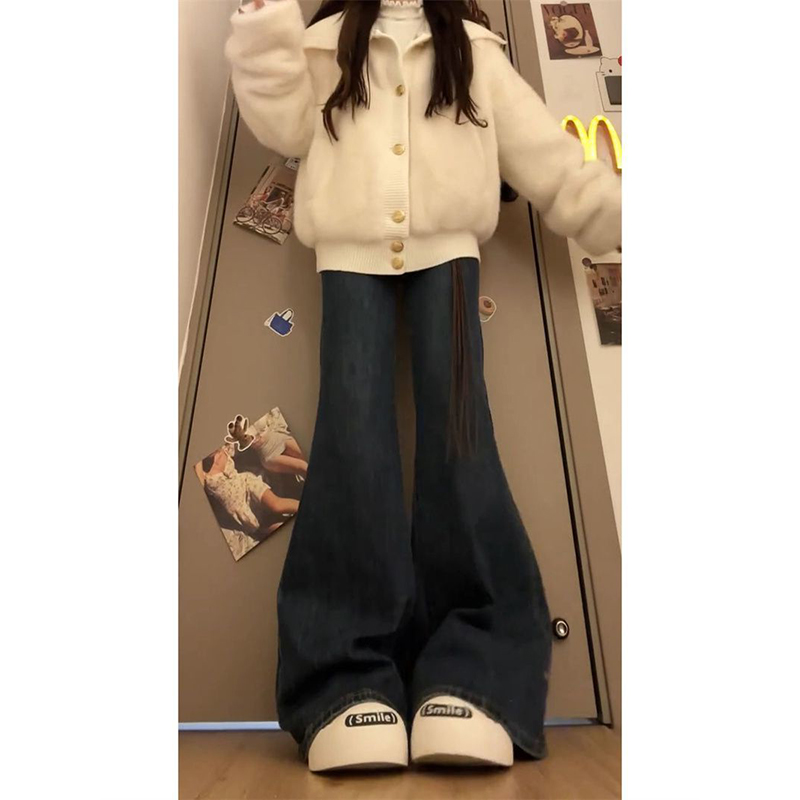 大翻领针织毛毛开衫外套