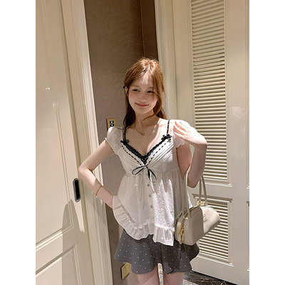 假两件系带上衣+波点短裙