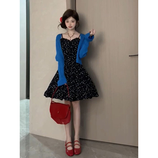 复古甜美气质感碎花吊带连衣短裙 两件套装 蓝色短款 开衫 长袖 新款