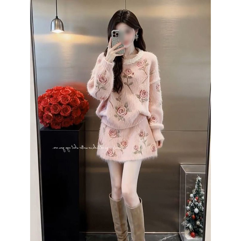 法式气质温柔感玫瑰花朵毛绒套头针织毛衣+包臀半身短裙两件套装