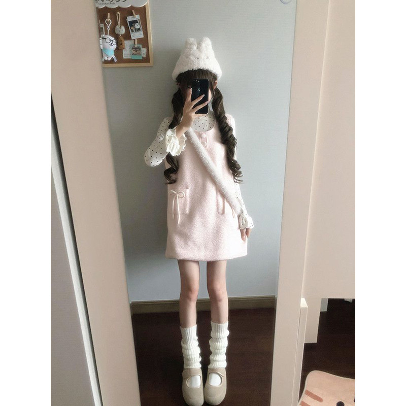 法式温柔甜妹少女风波点打底衫叠穿粉色毛呢蝴蝶结背心裙两件套装,女装/女士精品,时尚套装,淘宝优惠券,粉丝福利购,淘宝优惠卷