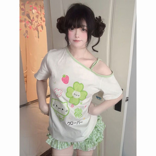 夏季 裙两件套 甜美田园斜肩设计四叶草卡通印花短袖 上衣搭配花边裤