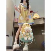 娃娃领上衣两件套装 夏季 小个子甜美可爱少女风小黄鸭格纹背带裤