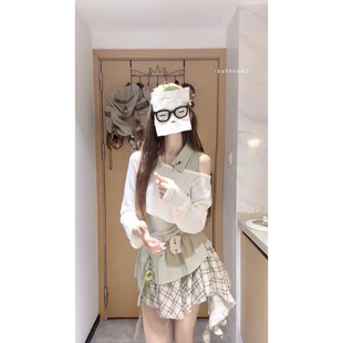 两件套装 2026早春甜气辣妹绿色格纹拼接蛋糕连衣裙 防晒条纹罩衫