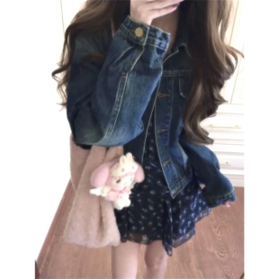 外套叠穿v领碎花连衣裙两件套装 时尚 温柔甜美减龄感蓝色牛仔短款