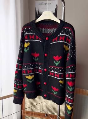 2025新款气质圣诞氛围感费尔岛撞色套头毛衣宽松加厚慵懒针织开衫