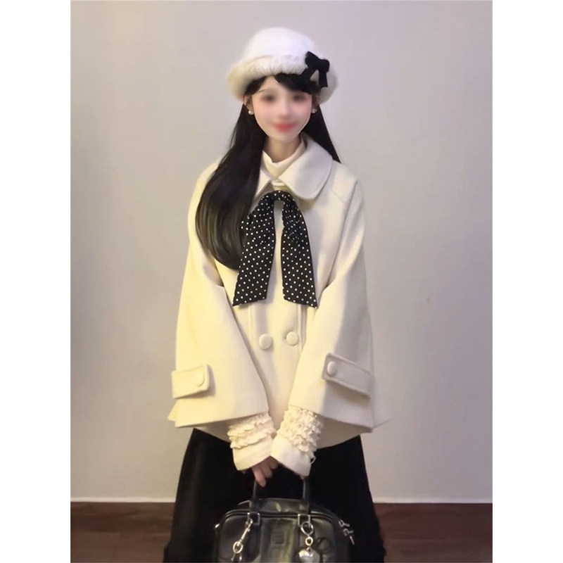 法式温柔古早感蝴蝶结杏色毛呢外套女+木耳边高腰半身裙两件套装,女装/女士精品,时尚套装,淘宝优惠券,粉丝福利购,淘宝优惠卷